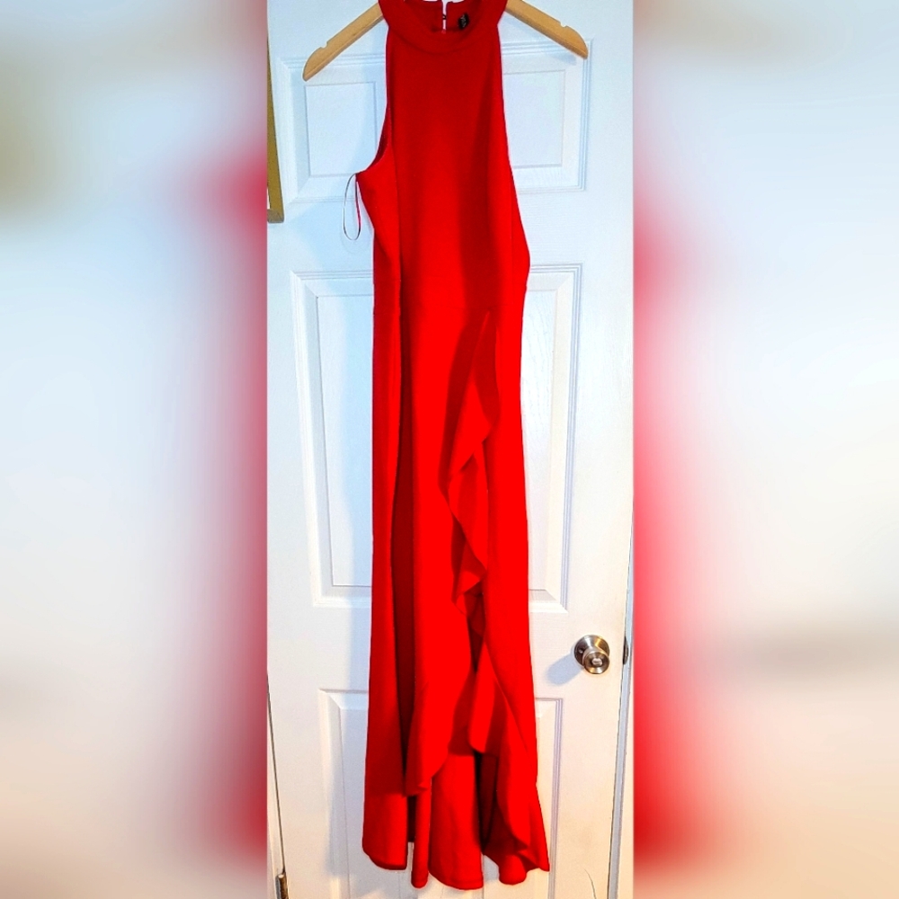 Red formal floor length gown with ruffled thigh slit